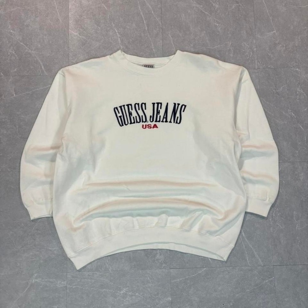 1990's Guess jeans white crewneck sweatshirt with red and blue accents #90s